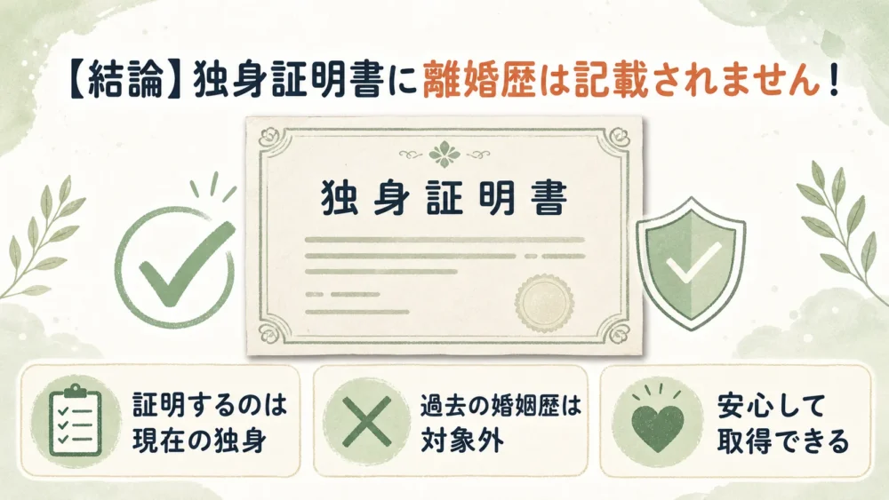独身証明書には離婚歴が記載されず、現在独身であることだけを証明する図解