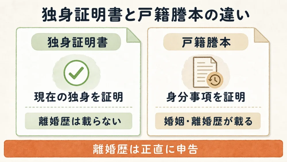 独身証明書と戸籍謄本に記載される内容の違いを比較した図解