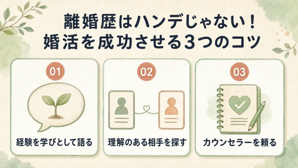 離婚歴がある人が婚活を成功させる3つのコツをまとめた図解