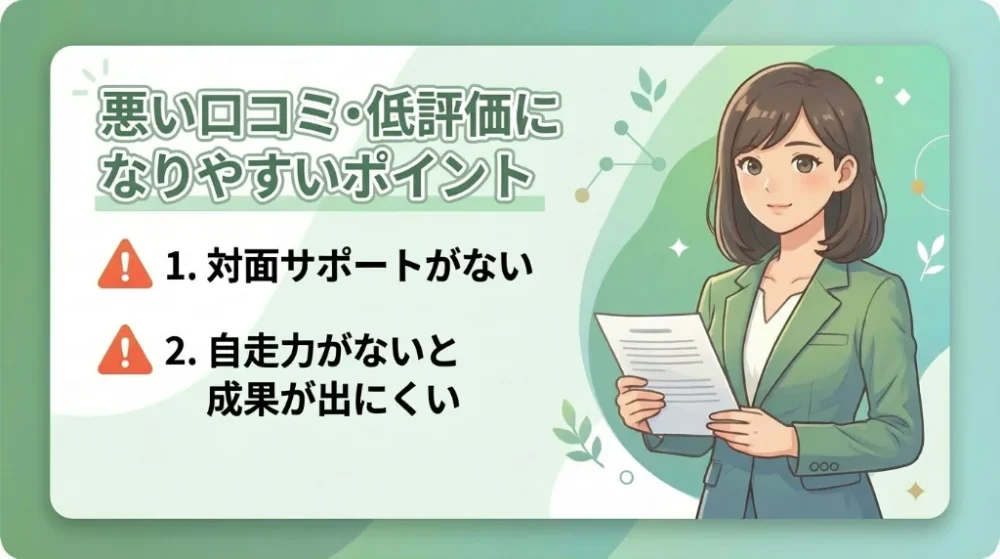 悪い口コミ・低評価になりやすいポイント
1.対面サポートがない
2.自走力がないと成果が出にくい