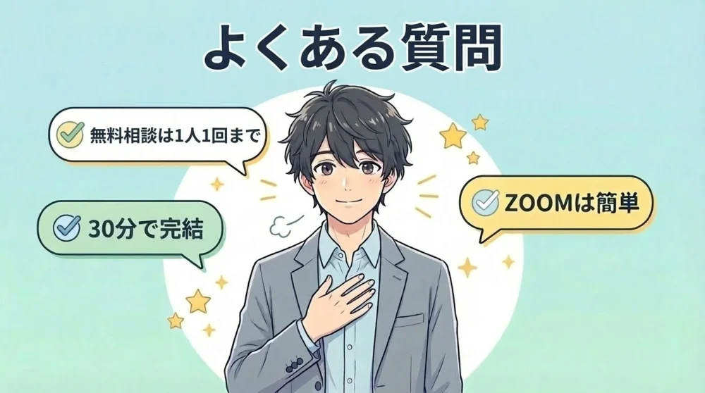 よくある質問
無料相談は１人１回まで
30分で完結
ZOOMは簡単