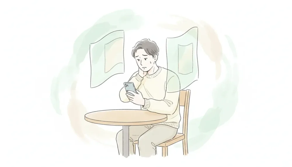 婚活で会話が苦手な男性がスマホを見ながら悩む様子