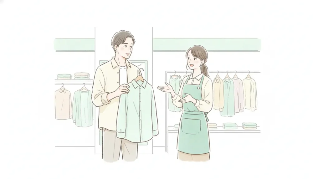 服屋で女性店員と会話しながら婚活前の練習をする男性