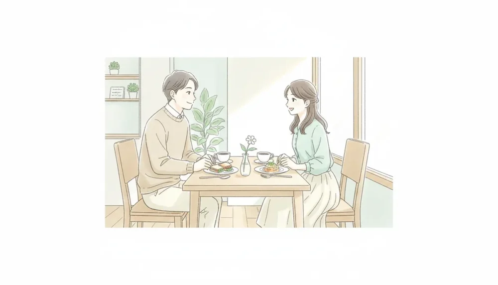 婚活の初回デートでカフェランチを楽しむ男女