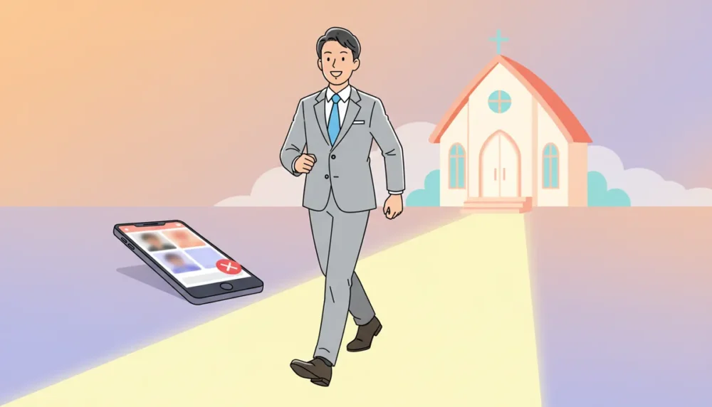 結婚相談所に向かって歩き出す男性のイラスト