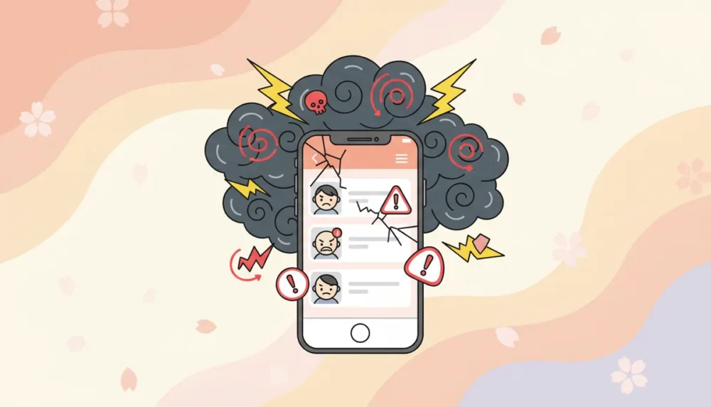 マッチングアプリの危険性を示すスマートフォンのイラスト