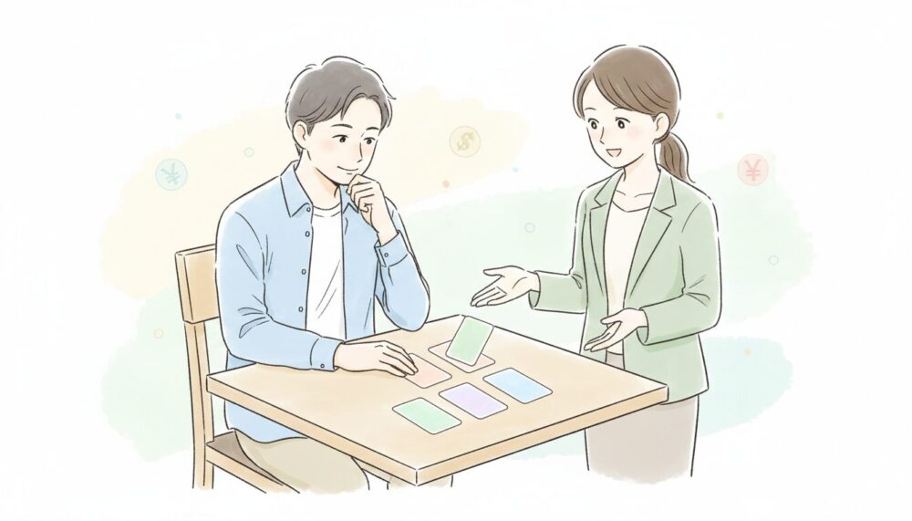 料金プランカードを見比べる男性とカウンセラー