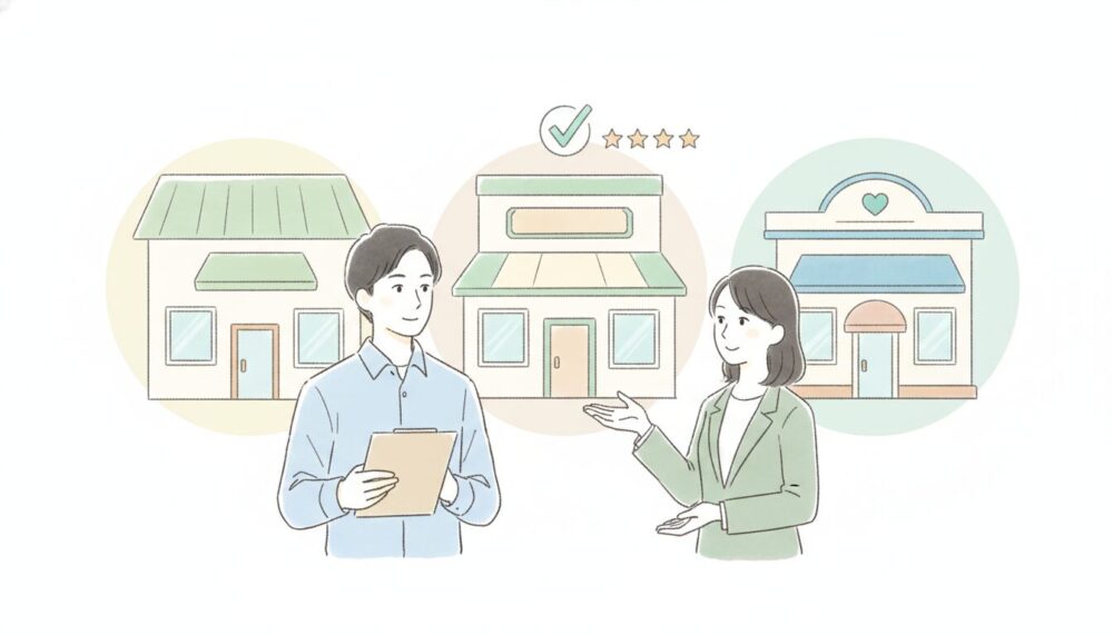複数の結婚相談所を比較する男性とカウンセラー