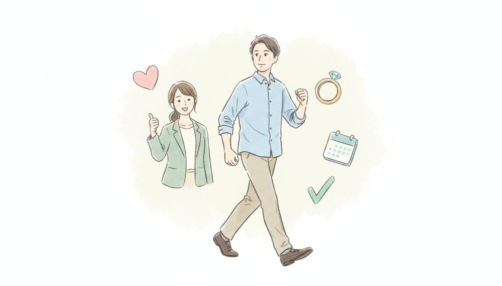 一歩踏み出す男性と応援するカウンセラー