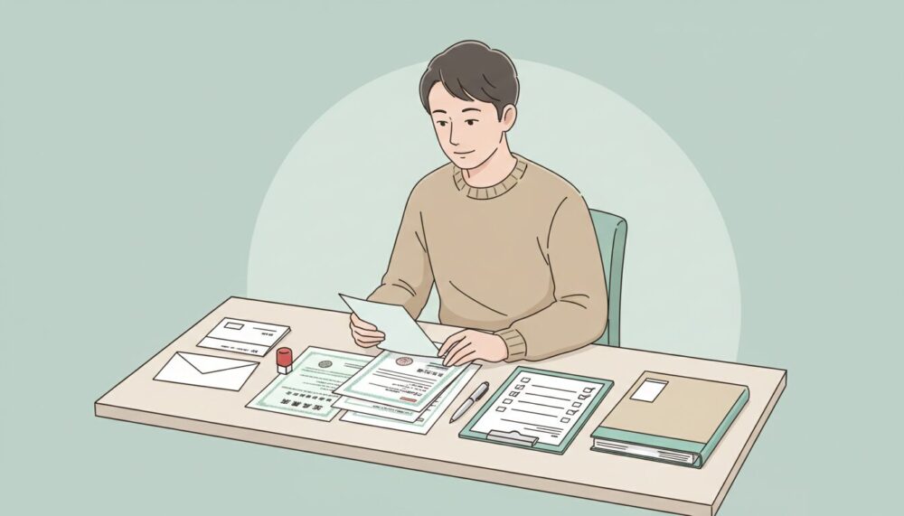 入会に必要な書類を確認する男性のイラスト