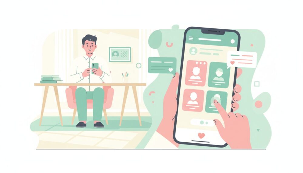 スマホで婙活プロフィールを操作する男性のイラスト