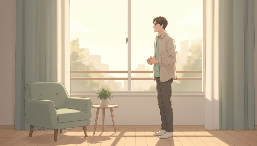 窓際で前向きに立つ男性のイラスト