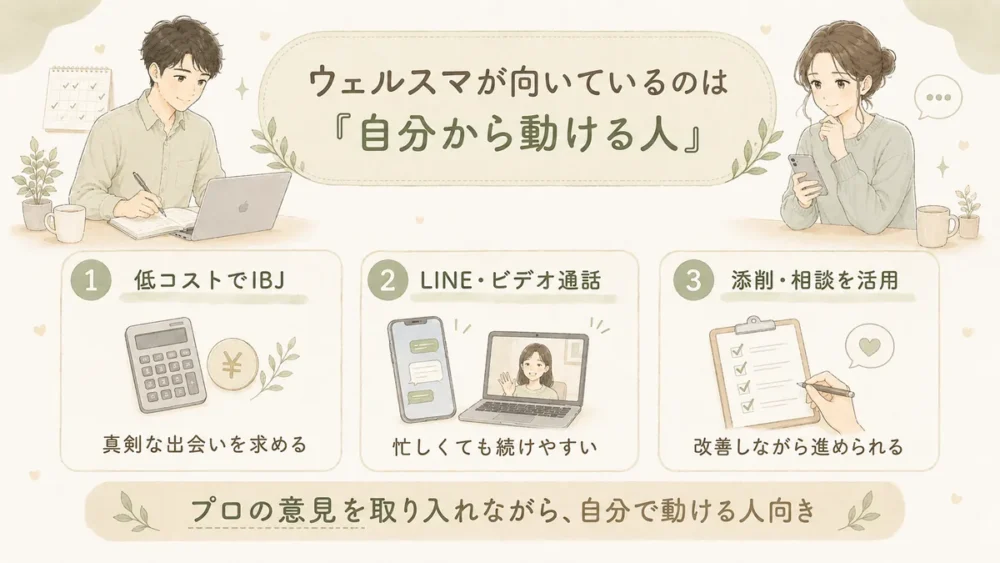 ウェルスマが向いている人の特徴を、低コスト・LINEやビデオ通話・添削や相談サポートの3点でまとめた図解