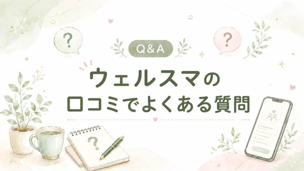 ウェルスマの口コミでよくある質問を、Q&A見出しとノート、スマホ、吹き出しのイラストで表した画像