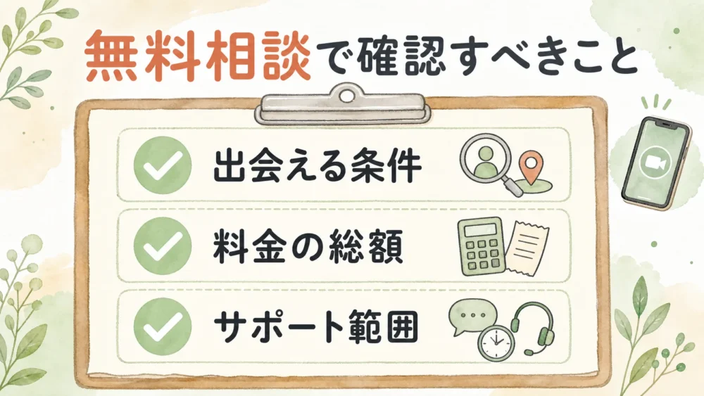 ウェルスマの無料相談で確認すべき、出会える条件・料金の総額・サポート範囲の3項目をまとめた図解