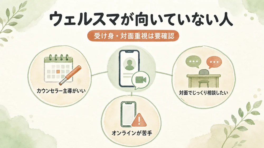 ウェルスマが向いていない人を、カウンセラー主導・対面相談・オンラインが苦手な3タイプで示した図解