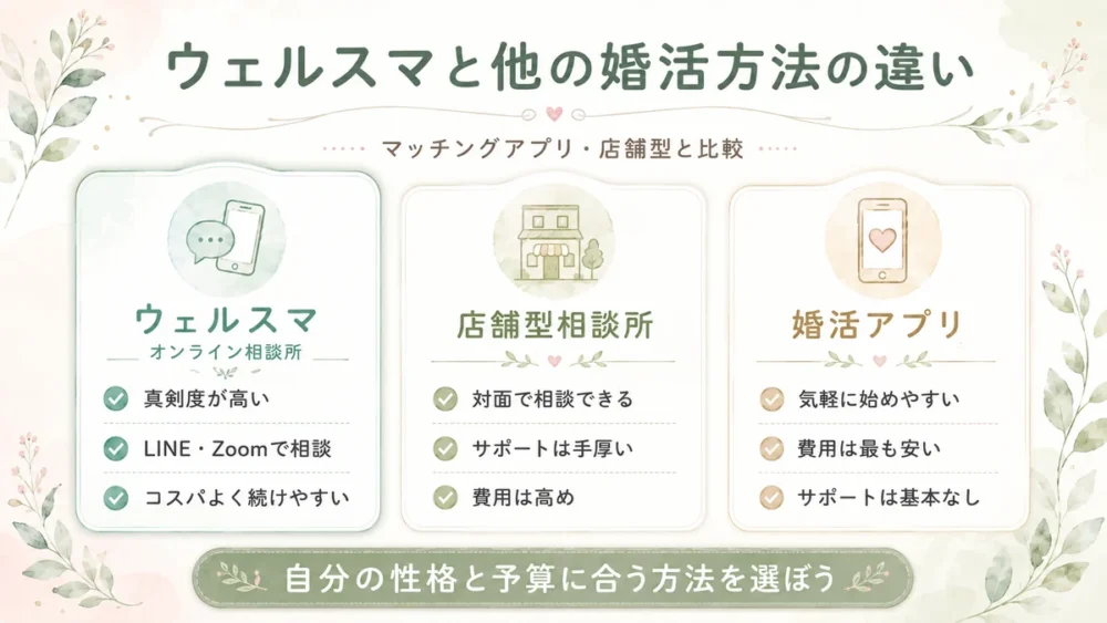 ウェルスマ、店舗型相談所、婚活アプリの違いを、真剣度や相談方法、費用、サポート内容で比較した図解