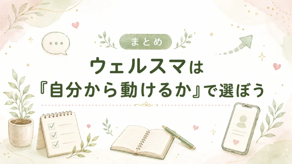 ウェルスマは自分から動けるかで選ぼうというまとめを、ノートやスマホ、植物のイラストとともに示した画像