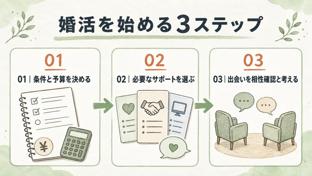 条件と予算、必要なサポート、出会いの相性確認で進める婚活3ステップ