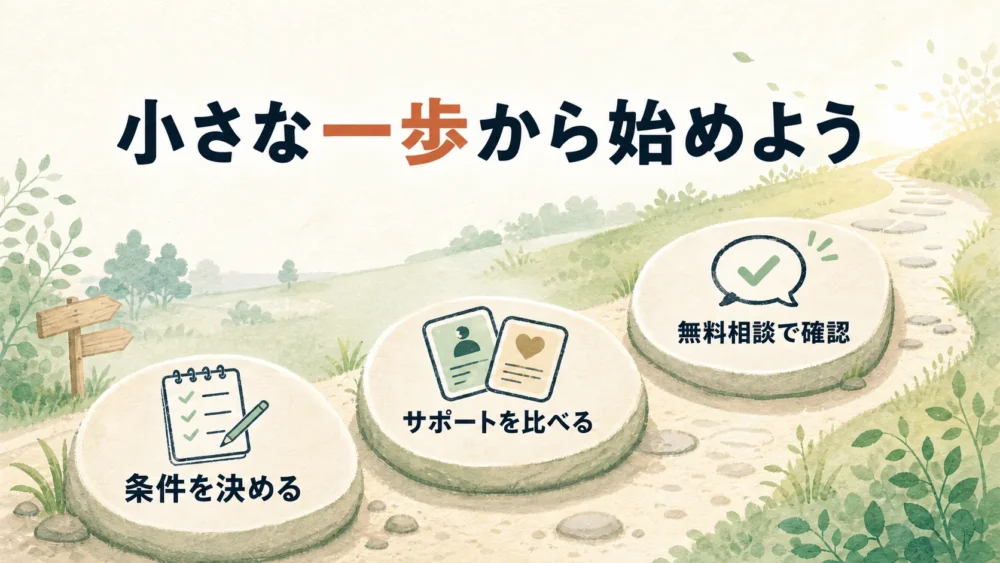 条件を決め、サポートを比べ、無料相談で確認する婚活の小さな3ステップ