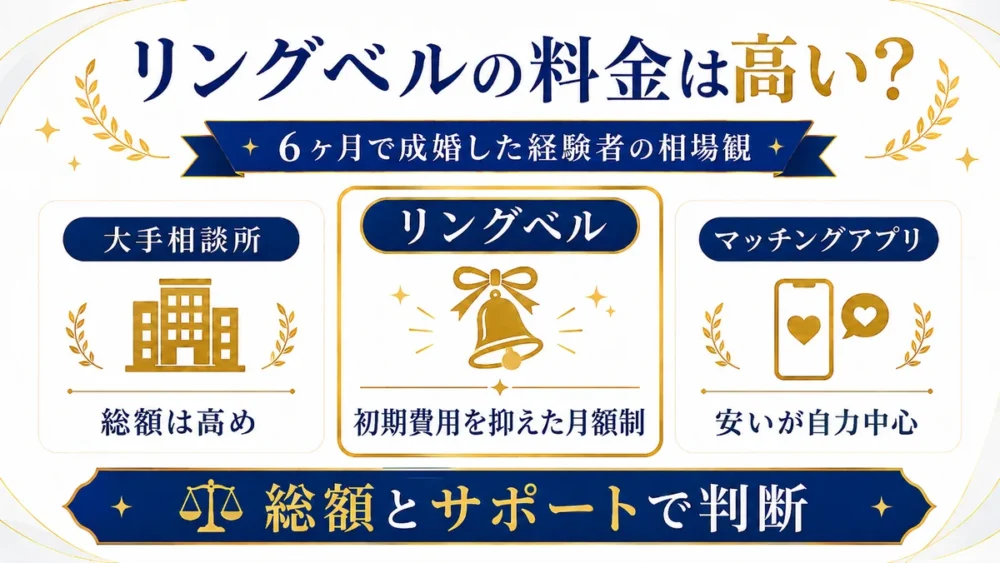 リングベルの料金が高いかを、大手相談所・リングベル・マッチングアプリの費用感とサポート内容で比較した図
