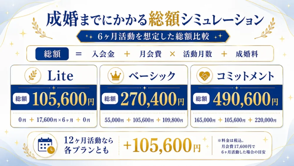 リングベルのLite・ベーシック・コミットメント各プランで6ヶ月活動した場合の成婚までの総額を比較したシミュレーション
