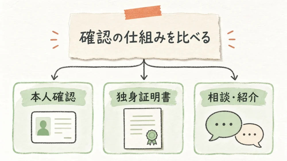本人確認、独身証明書、相談・紹介を別々に確認する図解