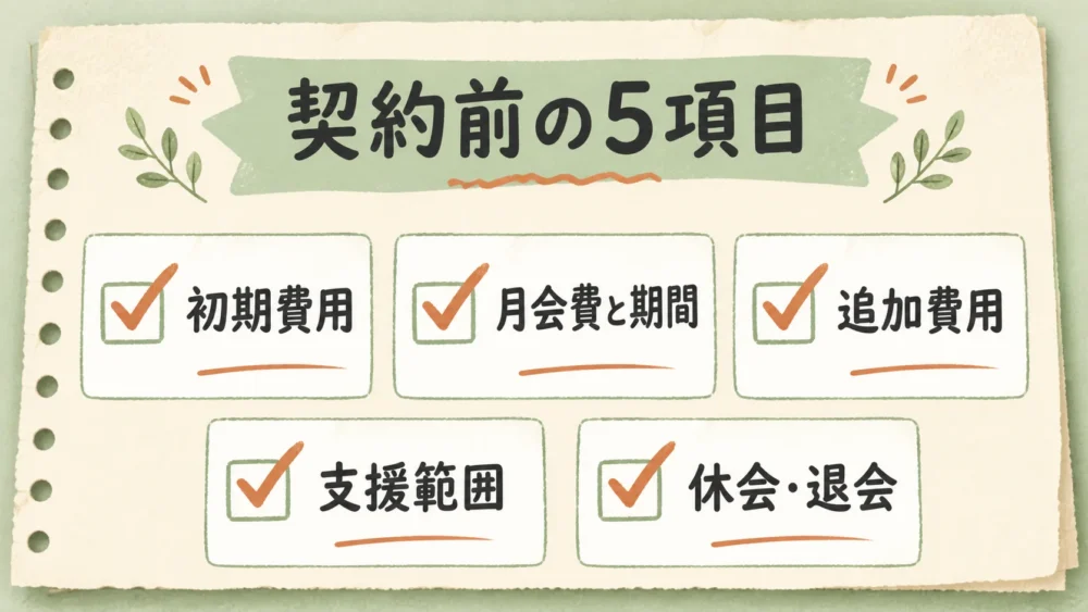 結婚相談所の契約前に確認する初期費用、月会費と期間、追加費用、支援範囲、休会・退会の5項目