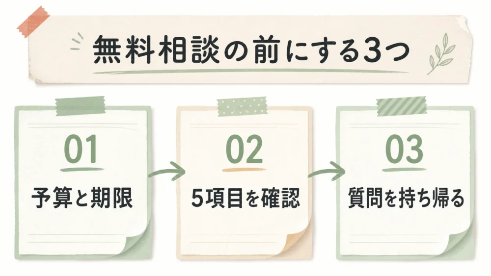 無料相談の前に予算と期限を決め、5項目を確認し、質問を持ち帰る3ステップの図解