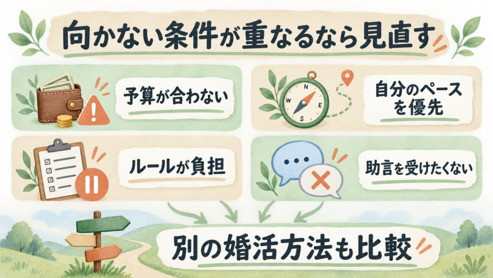 結婚相談所が向かない4つの条件と別の婚活方法を比較する判断図