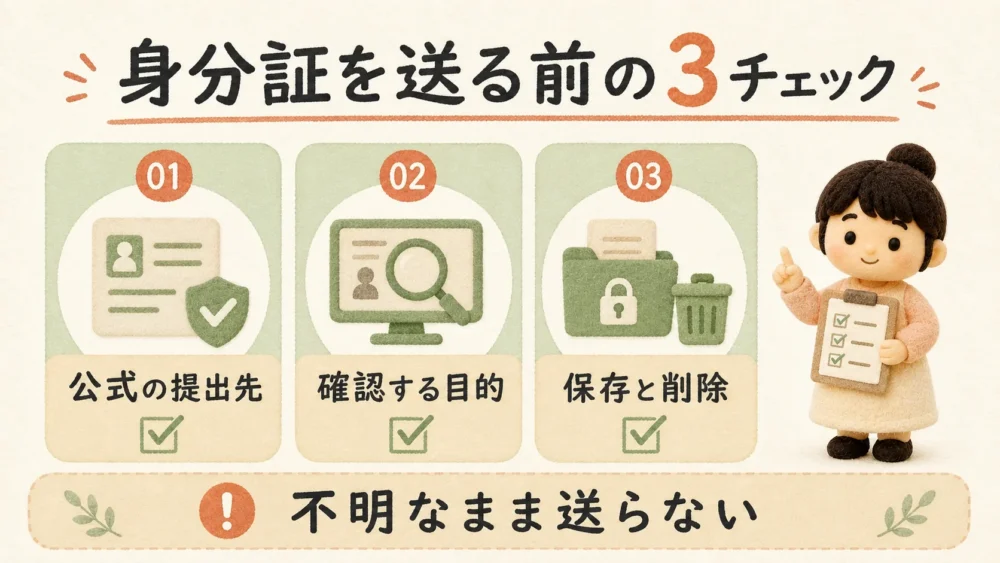 マッチングアプリで身分証を送る前に提出先・確認目的・保存と削除を確認する図