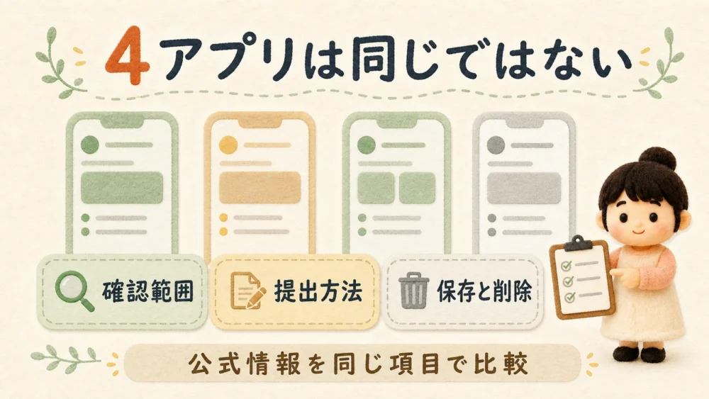 主要4アプリの本人確認を確認範囲・提出方法・保存と削除で比較する図