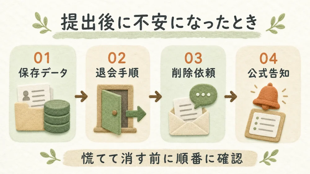 本人確認書類の提出後に保存データ・退会手順・削除依頼・公式告知を確認する流れ