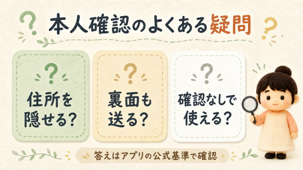 マッチングアプリの本人確認で住所・カード裏面・確認前の利用を公式基準で確認する図