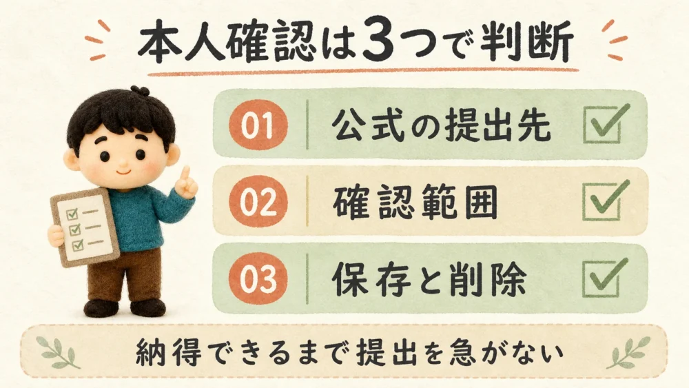 マッチングアプリの本人確認を公式の提出先・確認範囲・保存と削除で判断する図