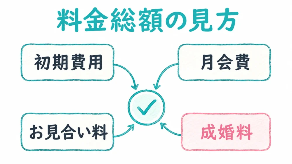 料金総額に含める初期費用、月会費、お見合い料、成婚料を示す図解